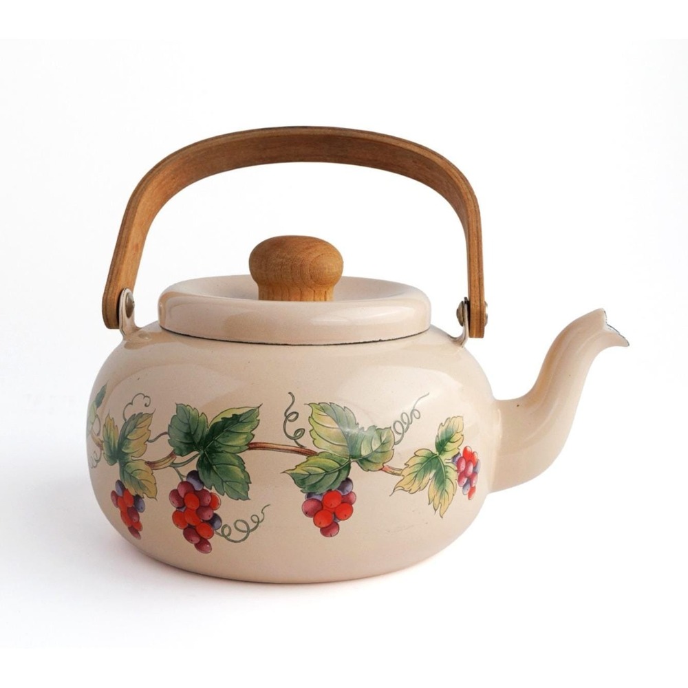 Vintage Teapot Kettle Enamel Grape Pattern Wooden Handle Cottage Kitchen Decor